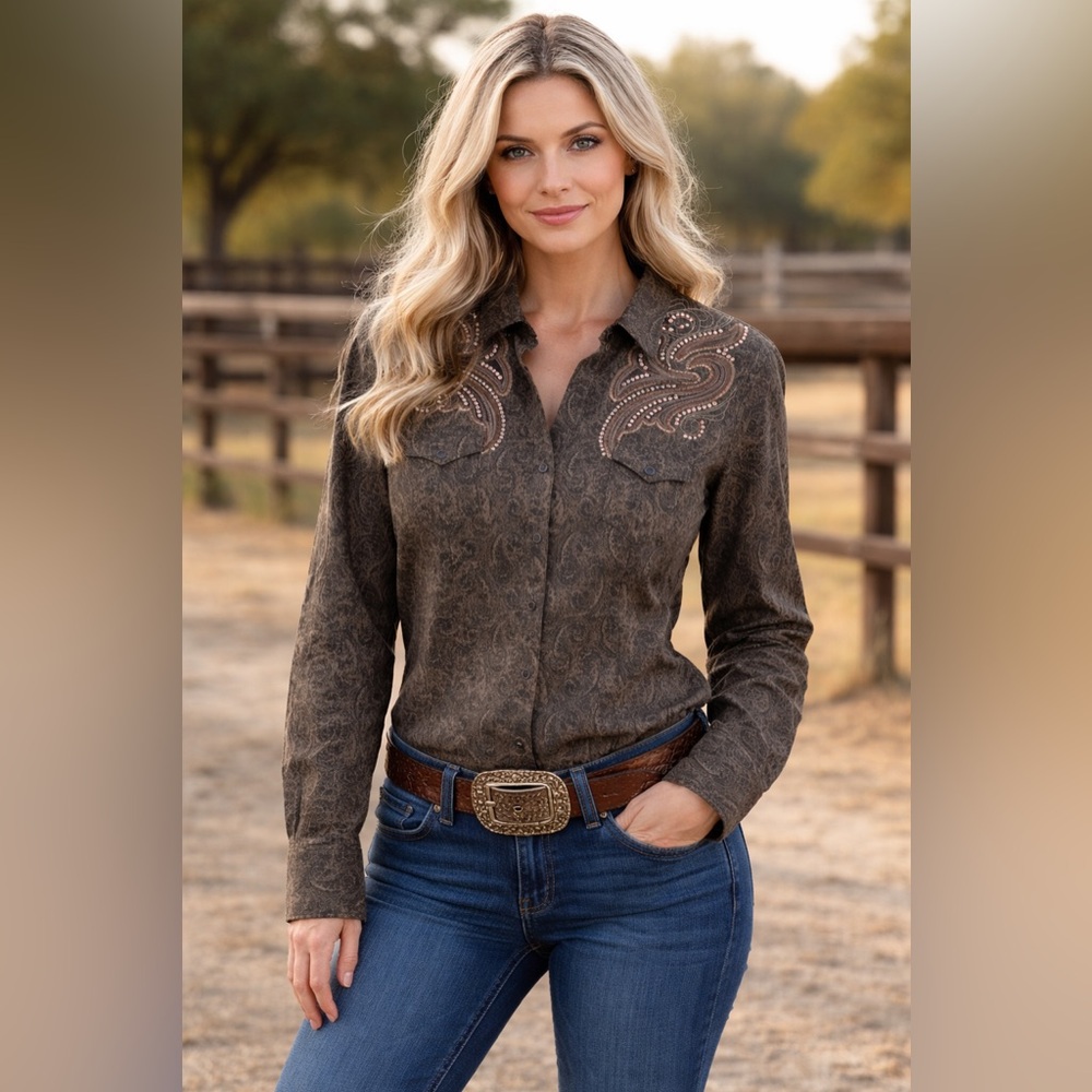 Boho Western Embroidered Snap Button Shirt Studded Paisley Eclectic Countrycore